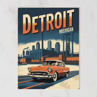 Carte Postale Retro Detroit Industrial City avec voiture classiq