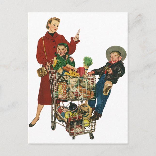 Carte Postale Retro Famille, Maman et Enfants, Panier (Devant)