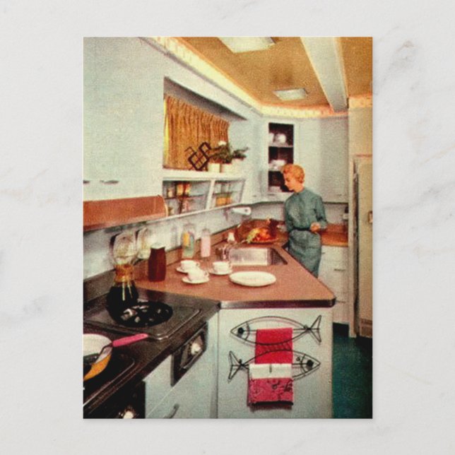 Carte Postale Rétro femme au foyer en cuisine (Devant)