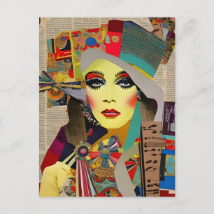 Carte Postale Retro Femme colorée Mixte Média Collage Abstrait