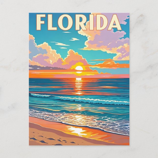 Carte Postale Retro Florida Beach : Illustration Sunset Getaway (Devant)