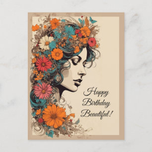 Carte Postale Retro Girl avec des fleurs dans ses cheveux