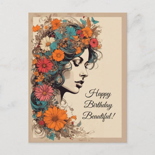 Carte Postale Retro Girl avec des fleurs dans ses cheveux (Devant)