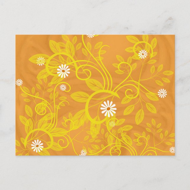 Carte Postale Retro Marguerite et Volutes Jaunes sur Fond Orange (Devant)
