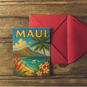 Carte Postale Retro Maui Hawaii Surfer Paradise Travel