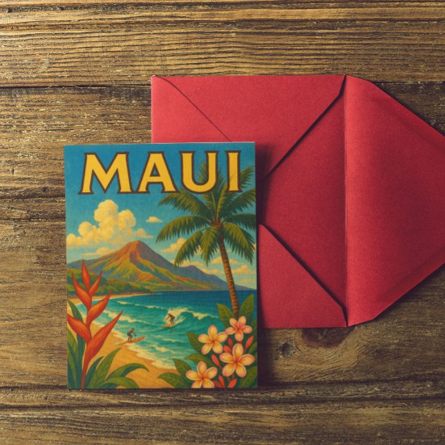 Carte Postale Retro Maui Hawaii Surfer Paradise Travel (tropical maui hawaii postcard)
