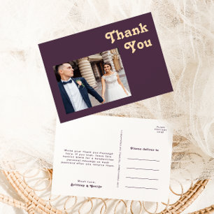 Carte Postale Rétro moderne   Mariage photo violet foncé Merci