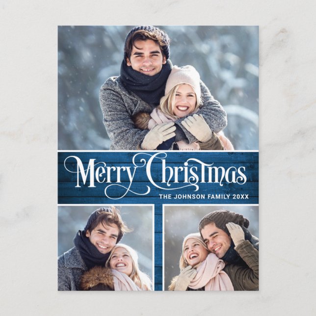 Carte Postale Retro Noël Rustic 3 PHOTO Salutation Holiday (Devant)