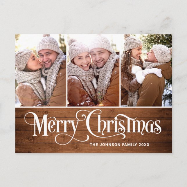 Carte Postale Retro Noël Rustic 3 PHOTO Salutation Holiday (Devant)