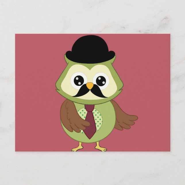 Carte Postale Rétro Owl avec Casquette, cravate et Moustache (Devant)