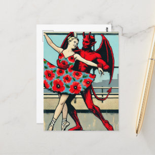 Carte Postale Retro PopArt Devil Avec ballerine dans une robe de