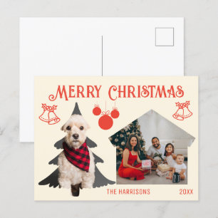 Carte Postale Retro Red Cream Family Pet Photo Noël