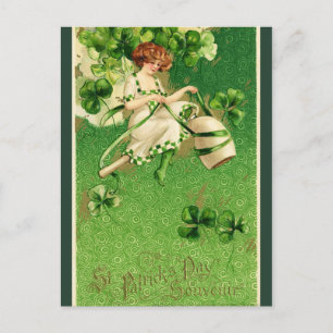 Carte Postale Retro St. Patrick's Day Irlandaise femme et Shamro