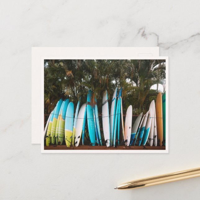 Carte Postale Retro Surfboards in Kauai Hanalei Beach (Devant/Arrière en situation)
