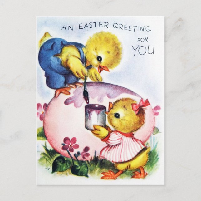 Carte Postale Rétro un salut de Pâques pour vous Poussins et Oeu (Devant)
