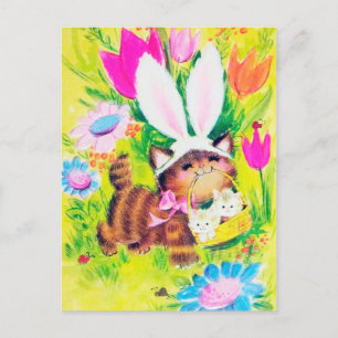 Carte postale rétro vintage de Pâques avec un chat
