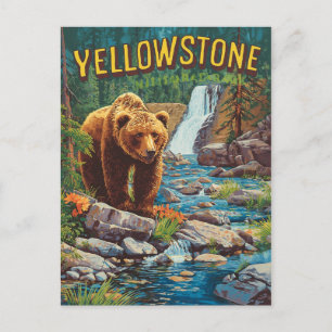 Carte Postale Retro Yellowstone - Ours Grizzly & Eau
