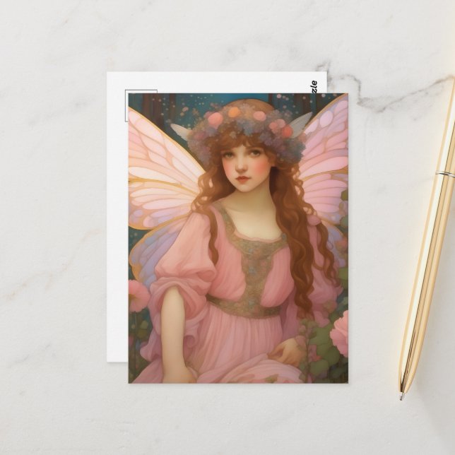 Carte Postale Rêves Enchanteurs : Un Portrait De Fée Rose Whimsi (Devant/Arrière en situation)