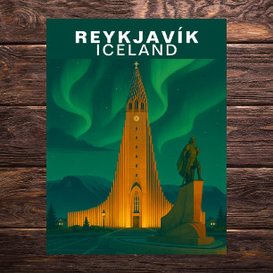 Carte Postale Reykjavík vintage, Islande Aurore Boréale