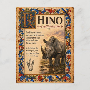 Carte Postale Rhinocéros, Art du Bestiaire Médiéval