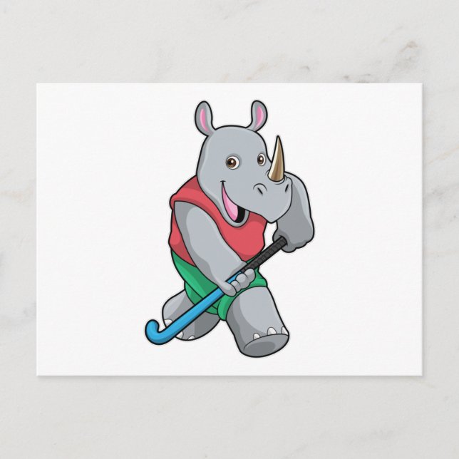 Carte Postale Rhinocéros au hockey avec une batte de hockey (Devant)