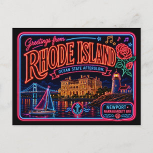 Carte Postale Rhode Island Neon État Rétro Vintage
