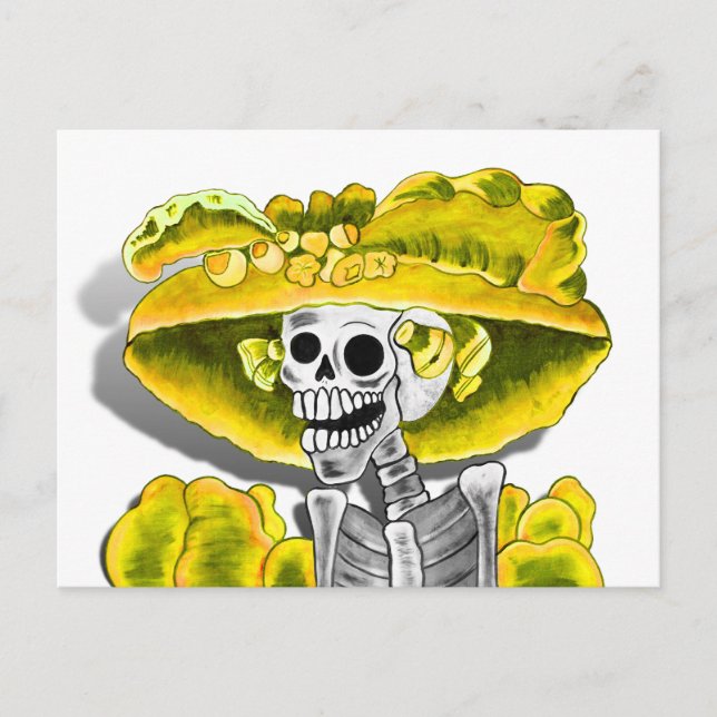 Carte Postale Rire Skeleton Woman dans Yellow Bonnet (Devant)