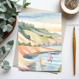 Carte Postale Rivage de voile   Aquarelle de l'océan de Rhode Is