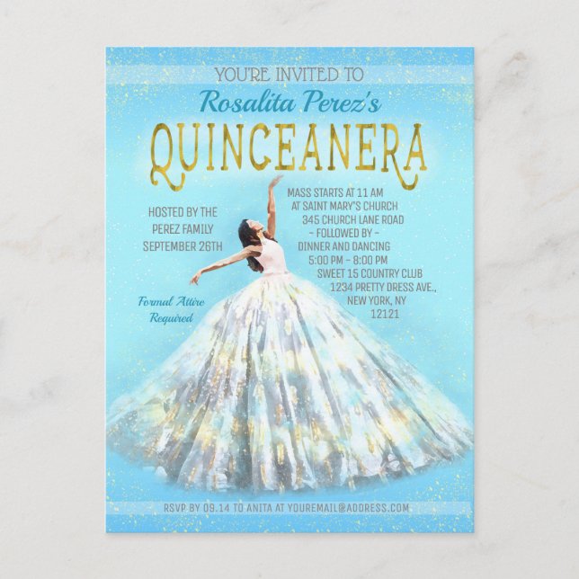 Carte Postale Robe d'aquarelle Quinceanera Robe d'or bleu royal (Devant)