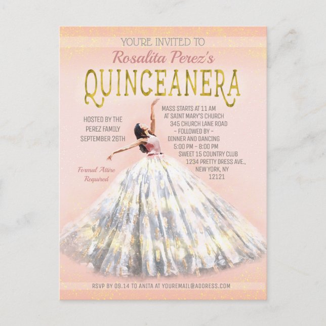 Carte Postale Robe d'aquarelle Quinceanera Robe Rose Or Fatigué (Devant)