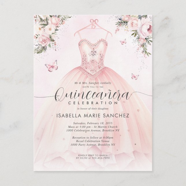 Carte Postale Robe de princesse florale rose pour Quinceanera d' (Devant)