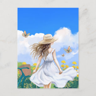 Carte Postale Robe d'été fille magnifique paysage bleu ciel