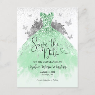 Carte Postale Robe en argent vert Sage Quinceañera Enregistrer l