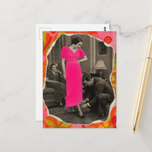 Carte Postale Robe rose chaud mode Dame Collage