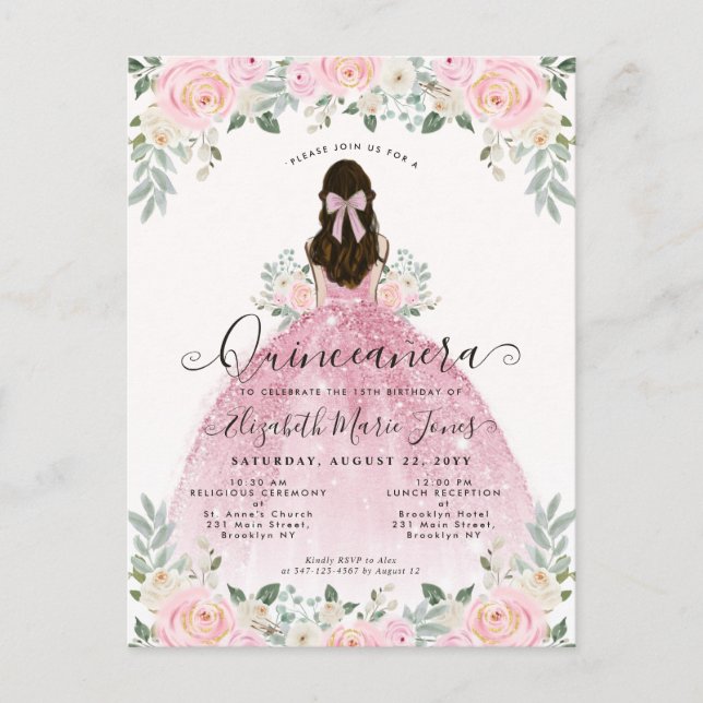 Carte Postale Robe rose pâle florale pour les 15 ans Quinceanera (Devant)