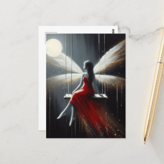 Carte Postale Robe rouge fée sur une Pleine lune à voilure