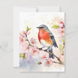Carte Postale Robin d'aquarelle sur la branche de fleur de ceris