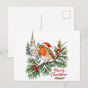 Carte Postale Robin de Noël à l'aquarelle avec houx et neige
