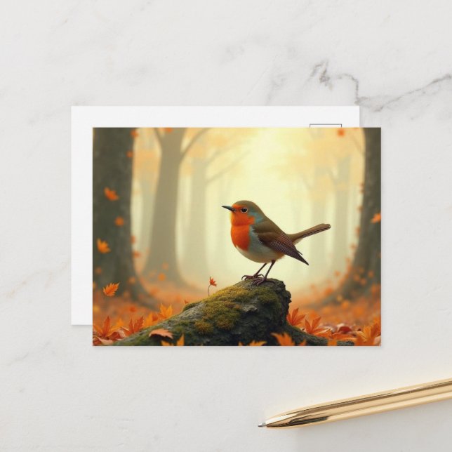Carte Postale Robin en forêt d'automne/d'automne, Feuille en chu (Devant/Arrière en situation)