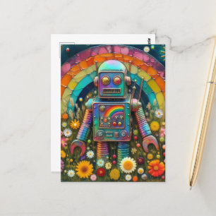 Carte Postale Robot arc-en-ciel dans une prairie à fleurs