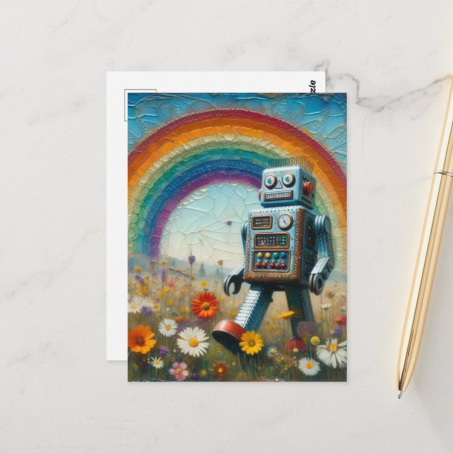Carte Postale Robot dans une prairie à fleurs avec arc-en-ciel (Devant/Arrière en situation)