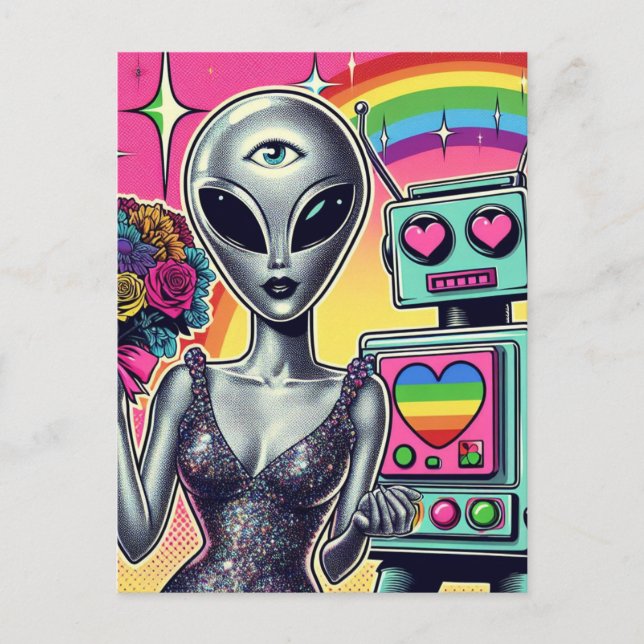 Carte Postale Robot et Alien amoureux (Devant)