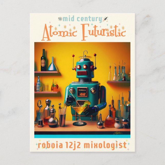 Carte Postale Robot futuriste rétro ROBIA 12J2 Mixologue (Devant)