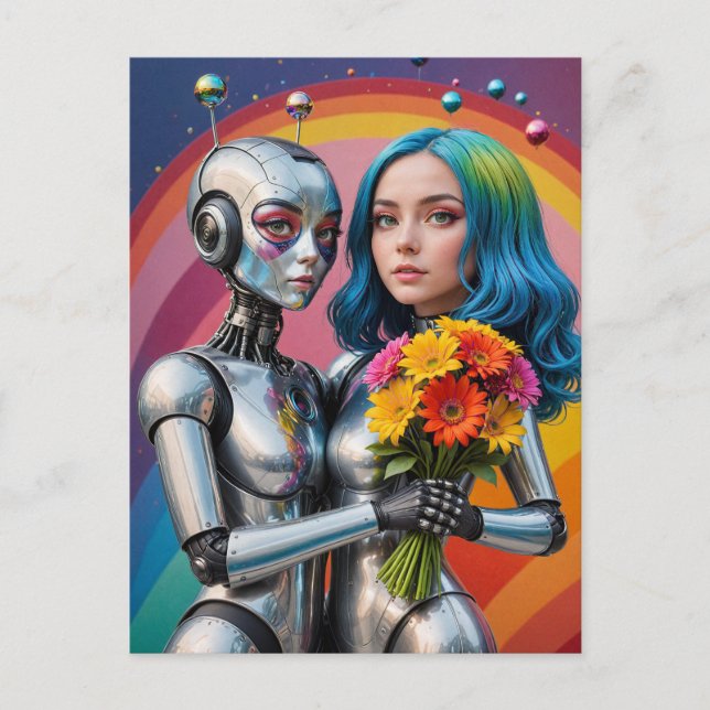 Carte Postale Robots féminins SciFi en amour (Devant)