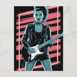 Carte Postale Rock Star Rebelle : Guitariste Féminine en Cuir