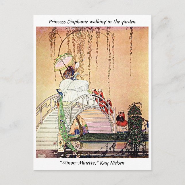 Carte Postale Rococo Princesse marchant dans un jardin de contes (Devant)