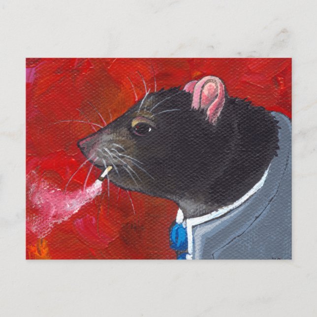 Carte Postale Rodney le Rat - costume cravate fumant art unique (Devant)