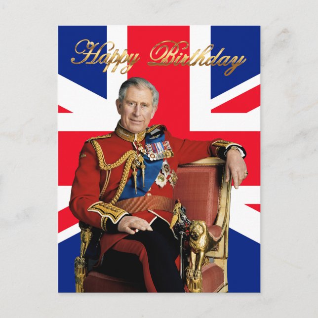 Carte Postale Roi Charles III avec drapeau britannique Joyeux an (Devant)