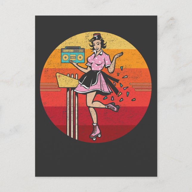 Carte Postale Roller Skating old Radio Female les années 70 80s  (Devant)