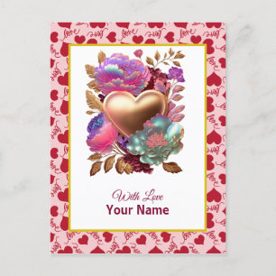 Carte Postale Romantique Floral et Coeur d'or